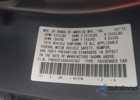 2016 Honda Accord Sport из США, поврежденный, VIN 1HGCR2F59GA040360